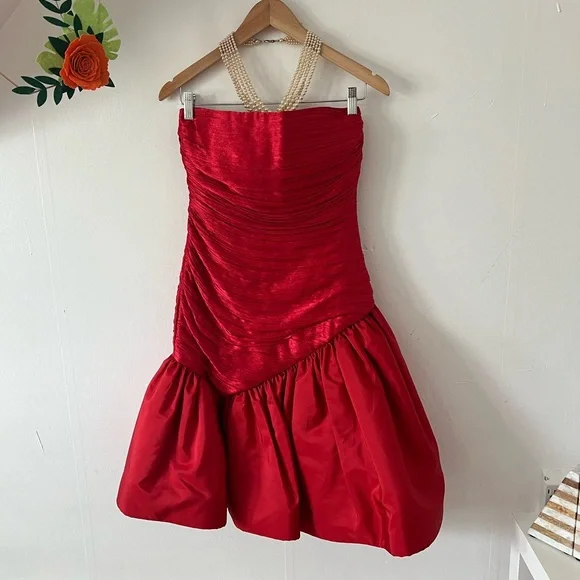 EUC VTG 90s Morton Miles Satin Red Strapless Cocktail Dress tulle slip - Picture 6 of 15